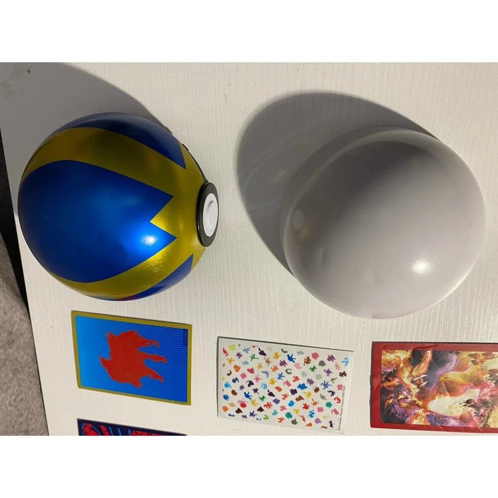 Pokemon Empty Quick Ball Tin Blue Gold with 11 Mixed Trading Card Sleeves Lot